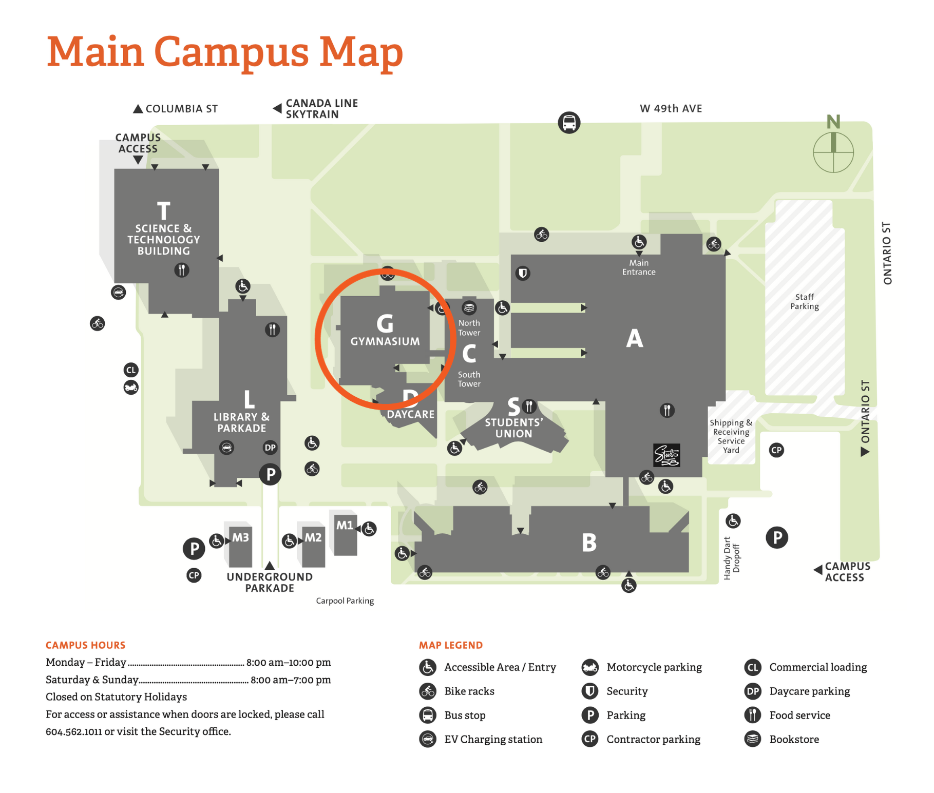 Langara College campus map with gymnasium circled.
