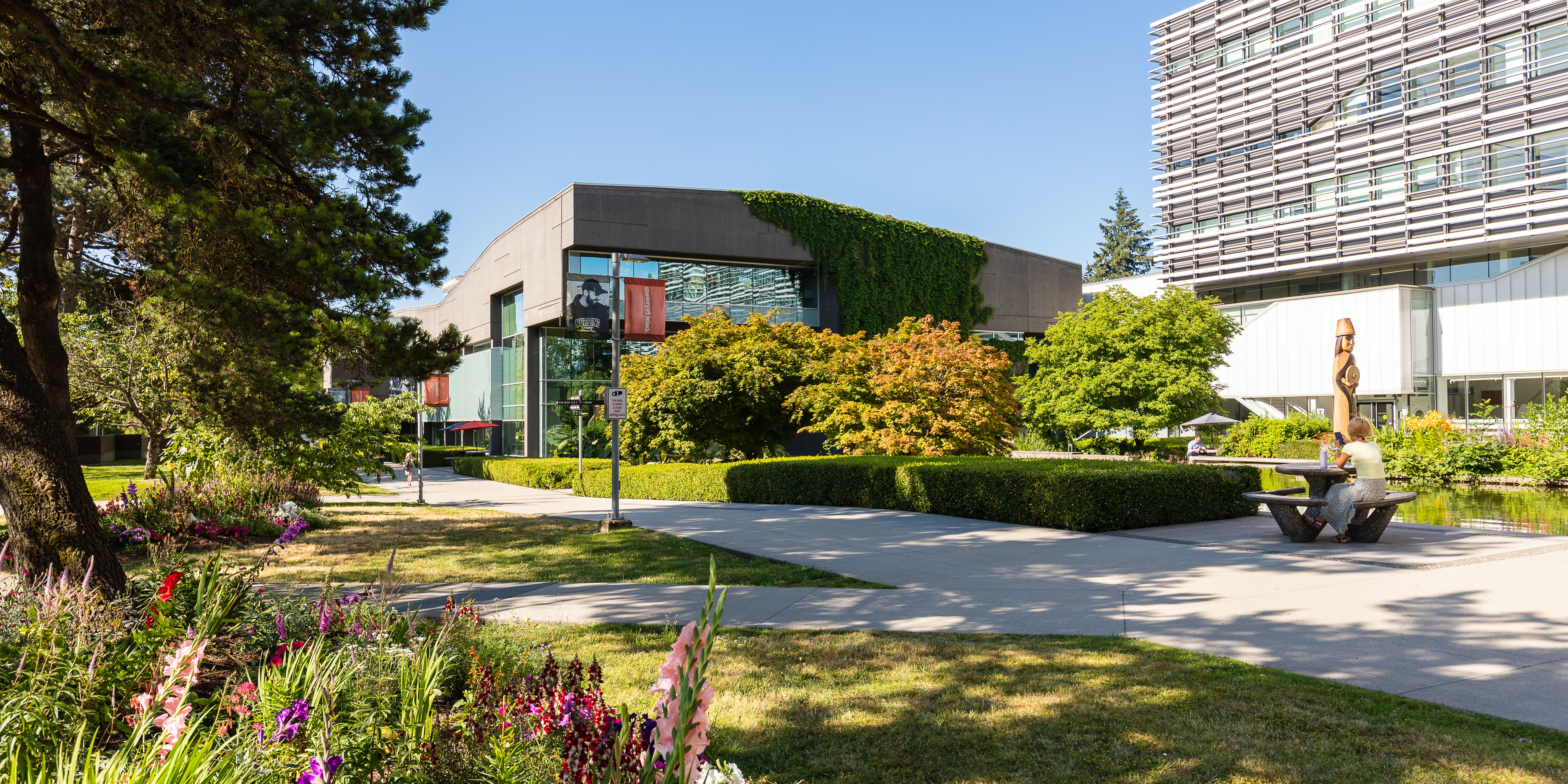 Langara Main Campus Library and T Building with Welcome Post.