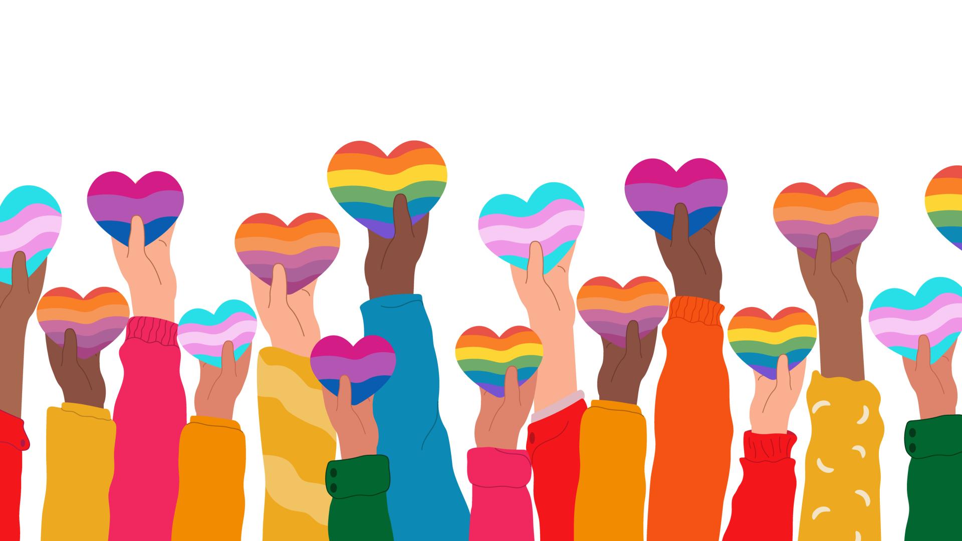 Hands of different skin tones holding up hearts with the colours of various 2SLGBTQIA+ flags.