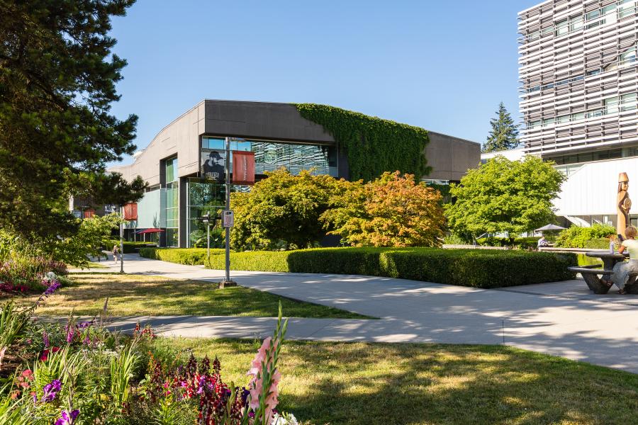 Langara Main Campus Library and T Building with Welcome Post.